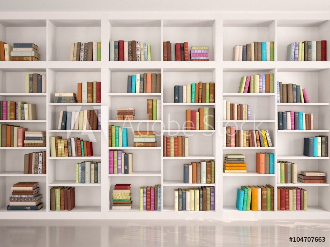 Bild på 3d illustration of White bookshelves with various colorful books